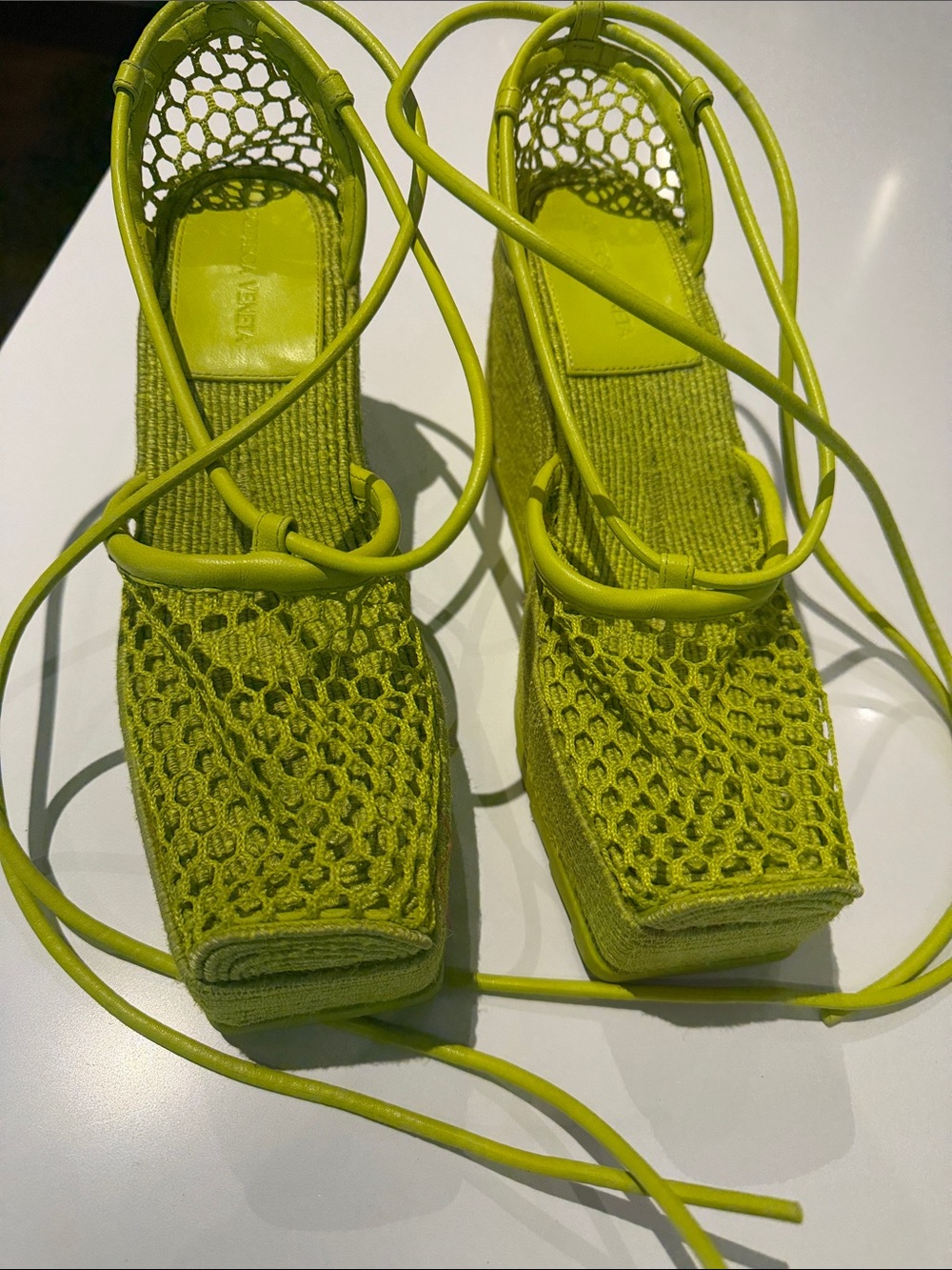 Bottega Veneta Lime Green Lace-Up Woven Square-Toe Women's Sandals